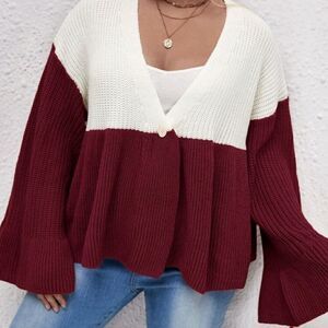 Plus Colorblock Flounce Sleeve Single Button Cardigan